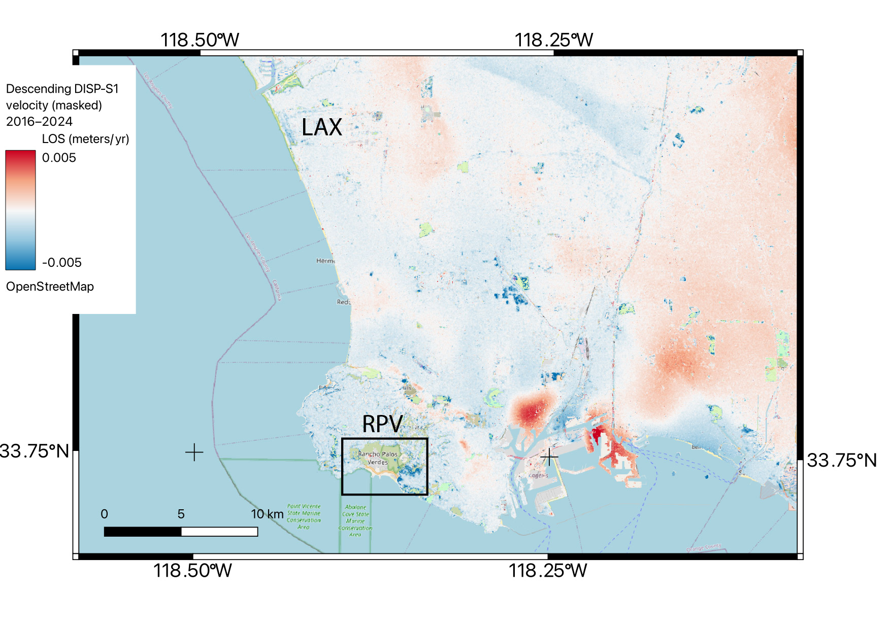 Map showing coast south and west of Los Angeles, with the velocity map shown as colors. A black box outlines the area of Rancho Palos Verdes that is shown in more detail below.